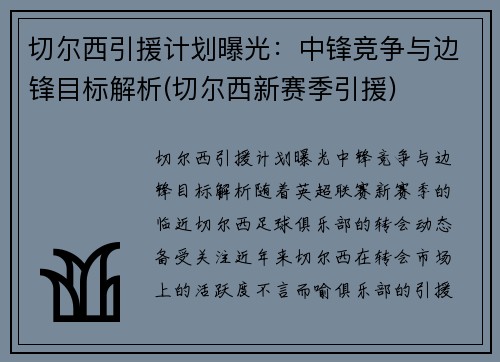 切尔西引援计划曝光：中锋竞争与边锋目标解析(切尔西新赛季引援)
