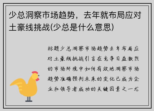 少总洞察市场趋势，去年就布局应对土豪线挑战(少总是什么意思)