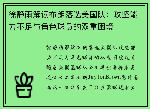 徐静雨解读布朗落选美国队：攻坚能力不足与角色球员的双重困境