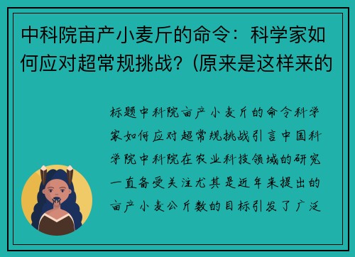 中科院亩产小麦斤的命令：科学家如何应对超常规挑战？(原来是这样来的)