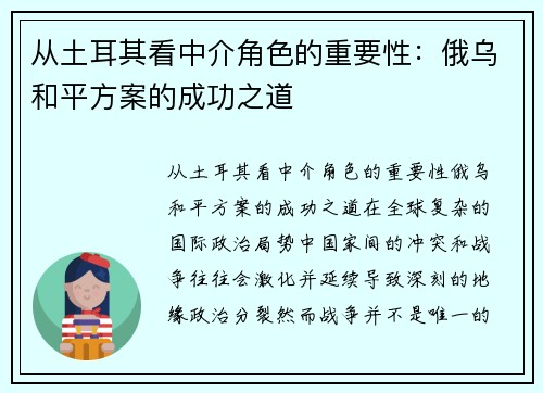从土耳其看中介角色的重要性：俄乌和平方案的成功之道