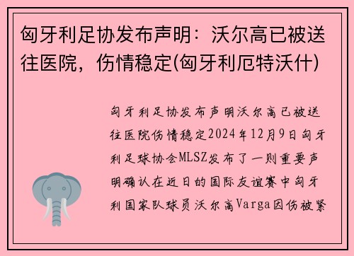 匈牙利足协发布声明：沃尔高已被送往医院，伤情稳定(匈牙利厄特沃什)