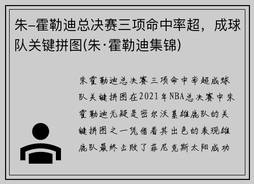 朱-霍勒迪总决赛三项命中率超，成球队关键拼图(朱·霍勒迪集锦)