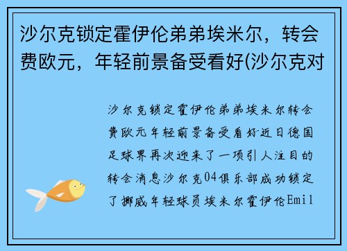 沙尔克锁定霍伊伦弟弟埃米尔，转会费欧元，年轻前景备受看好(沙尔克对霍分海姆)